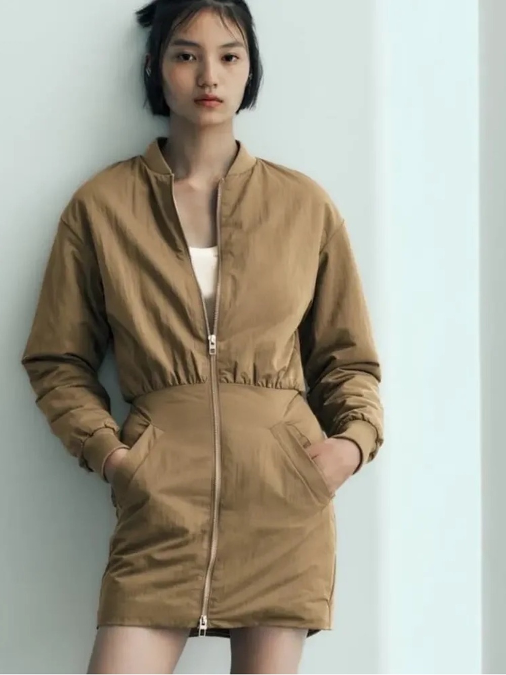 Zara | Tan Mini Padded Bomber Dress Size Extra Small